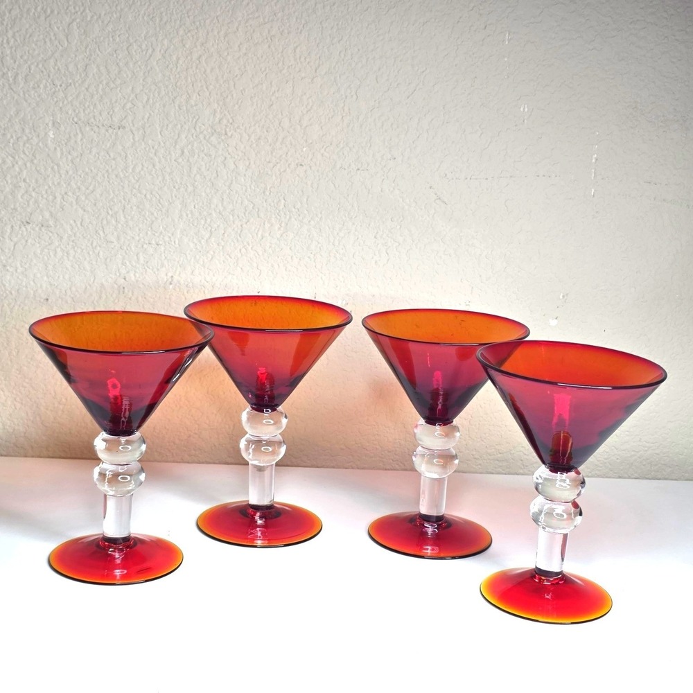 Set of 4 Small Amberina Martini Glasses Cadmium Red Orange Yellow